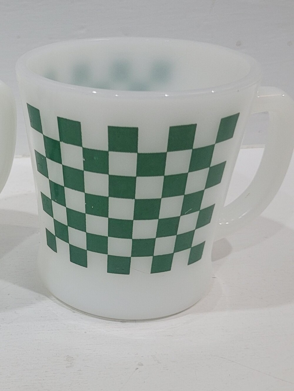 2 Anchor Hocking Fire-King Green Checkered Milk Glass Mug... Vintage Coffee Cup